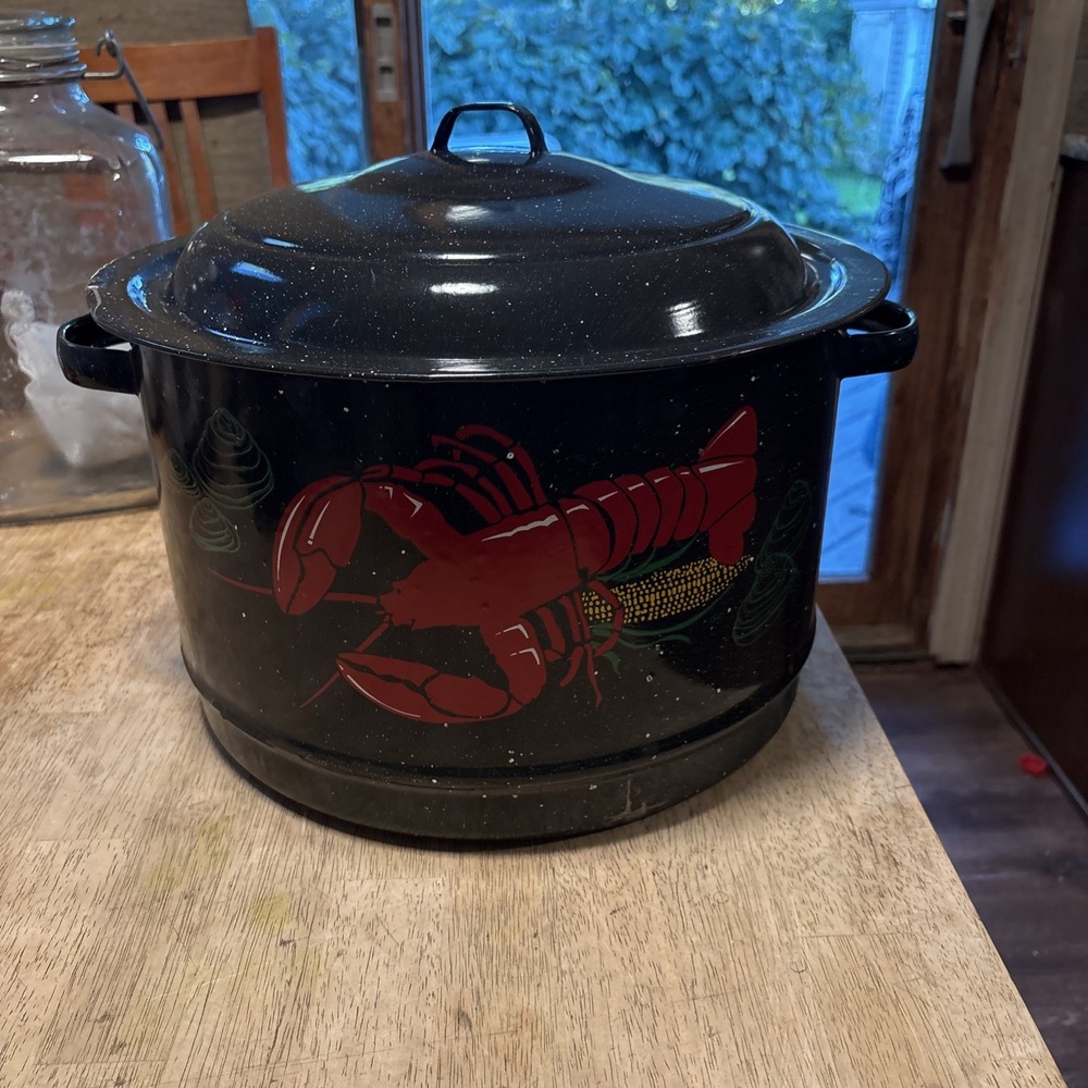 Vintage Large Lobster Pot Black Graniteware Enamel Metal Stockpot Speckled